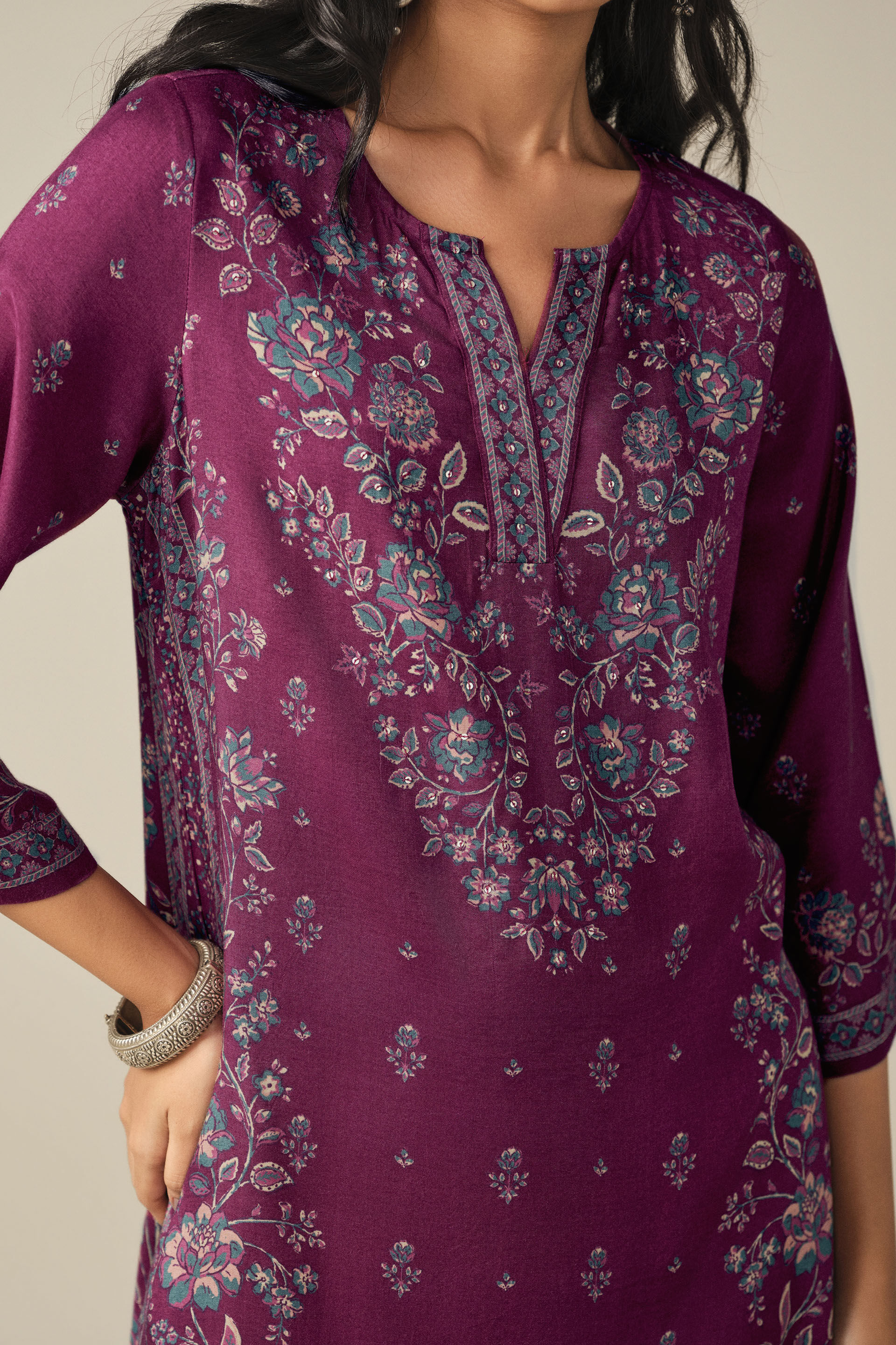 Floral Print Kurta in Wine, Wine, image 2
